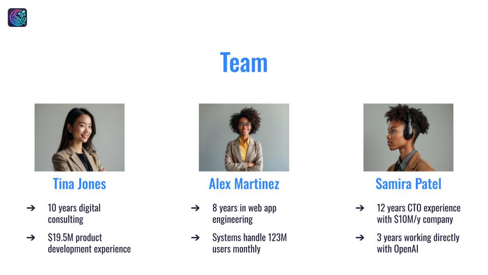 Team slide from a sample pitch deck that shows the founders and their experience